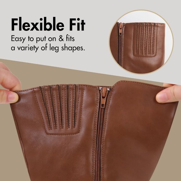 ⚡Women's Cognac Synthetic Extra Wide Calf Pull On Side Zipper Knee High Boots - Picture 2 of 5